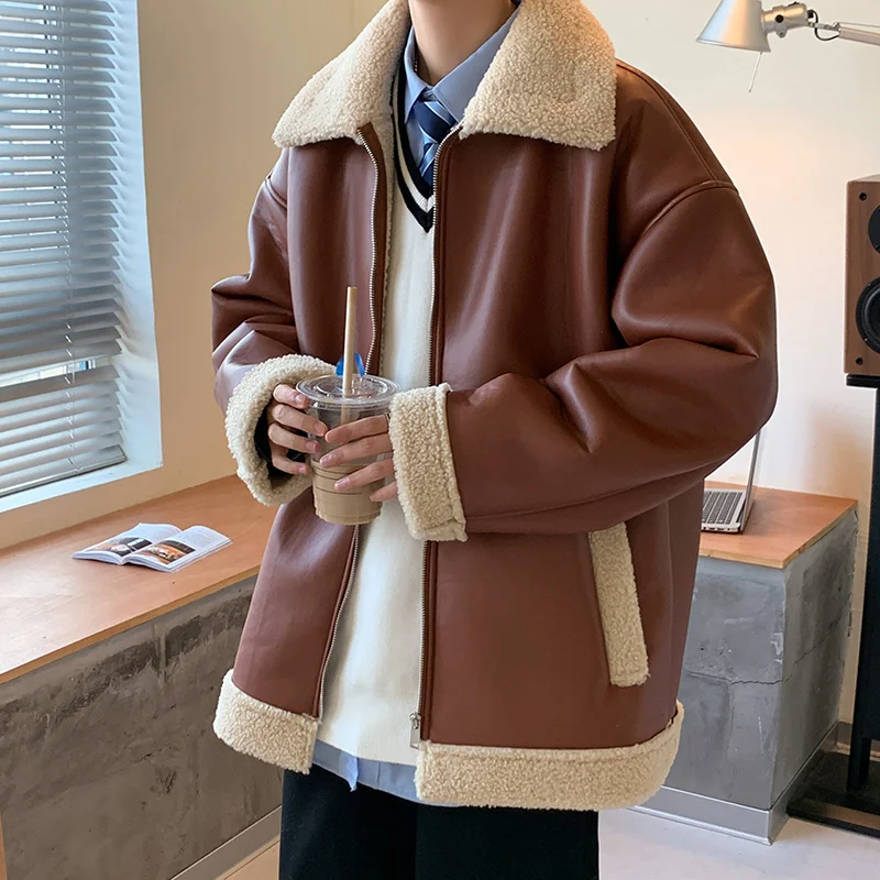 Winter Thick Leather Jacket Men Fashion Retro Lamb Wool Jacket Men Streetwear Korean Loose Short Coat Mens Outwear Jackets
Winter Thick Leather Jacket Men Fashion Retro Lamb Wool Jacket Men Streetwear Korean Loose Short Coat Mens Outwear Jackets