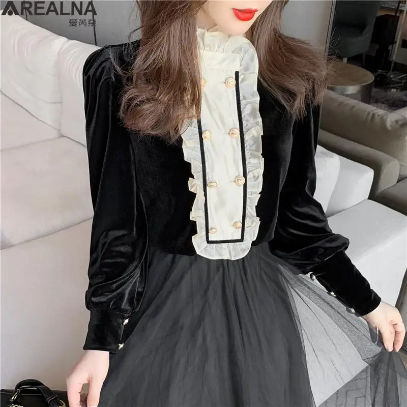 Женская винтажная блузка, Весенняя двубортная рубашка с длинным рукавом, бархатный топ с воротником-стойкой и оборками, в стиле пэчворк 
Женская винтажная блузка, Весенняя двубортная рубашка с длинным рукавом, бархатный топ с воротником-стойкой и оборками, в стиле пэчворк