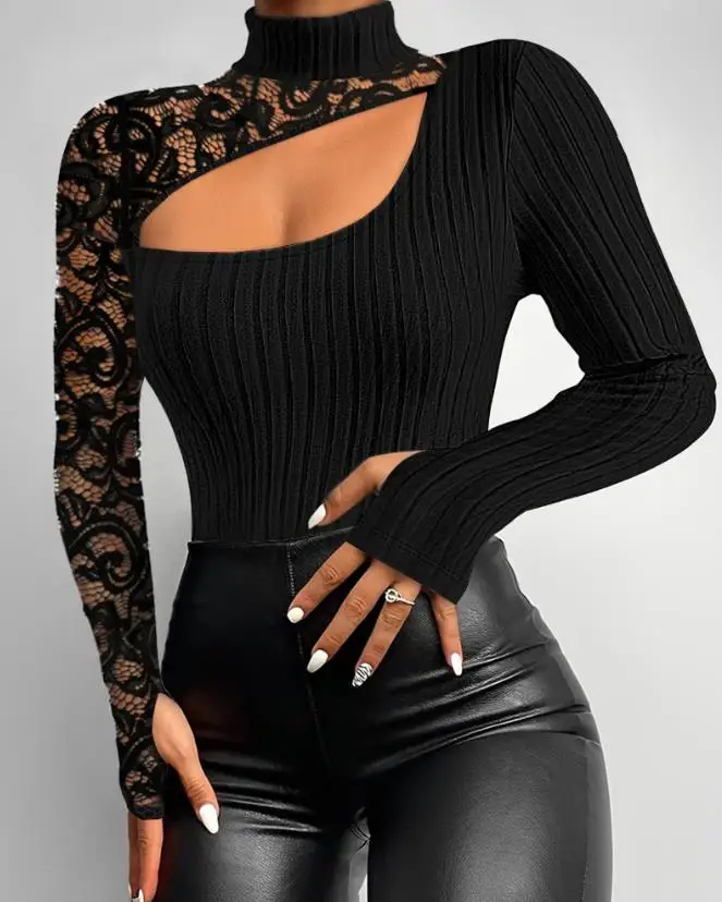 

Sexy Ribbed Top for Women New Long Sleeves Daily Medium Stretch Semi Sheer Cutout Lace Patch Mock Neck Temperament Commuting Tee