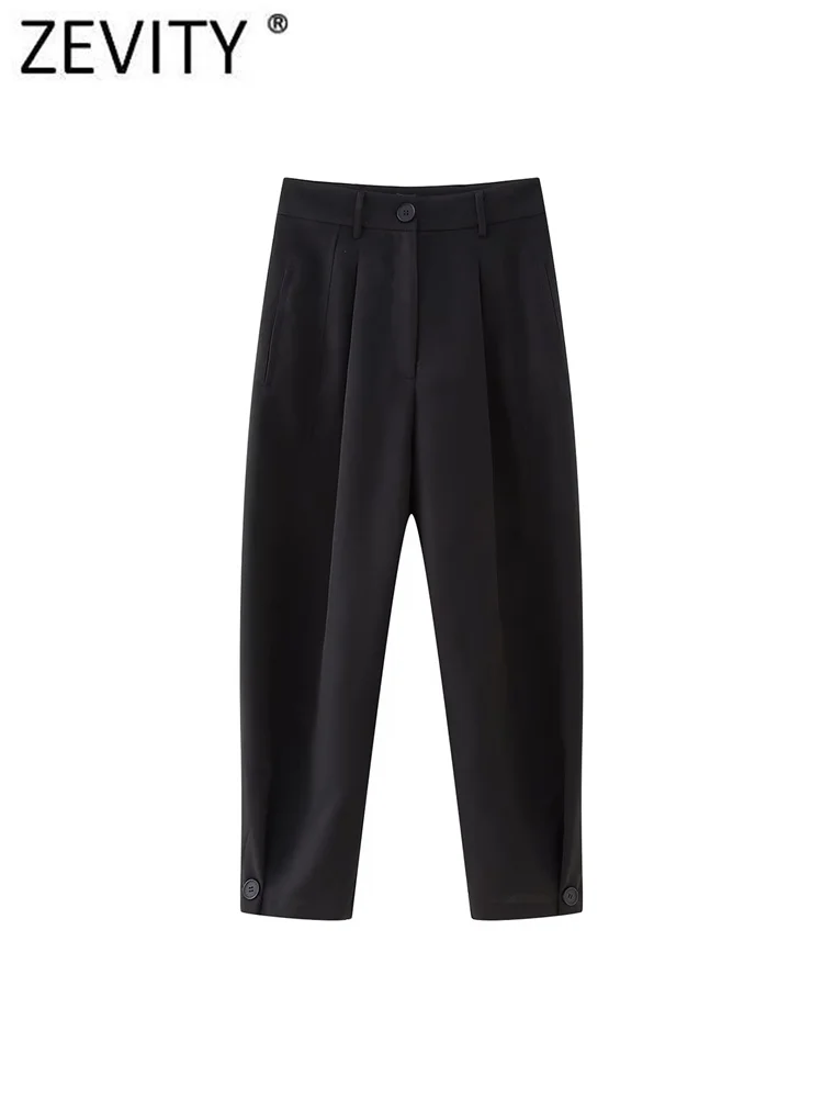 

Zevity Women Fashion Pleats Design Black Harem Pants Female Zipper Fly Casual Calf Length Trousers Pantalones Mujer Pants P3544