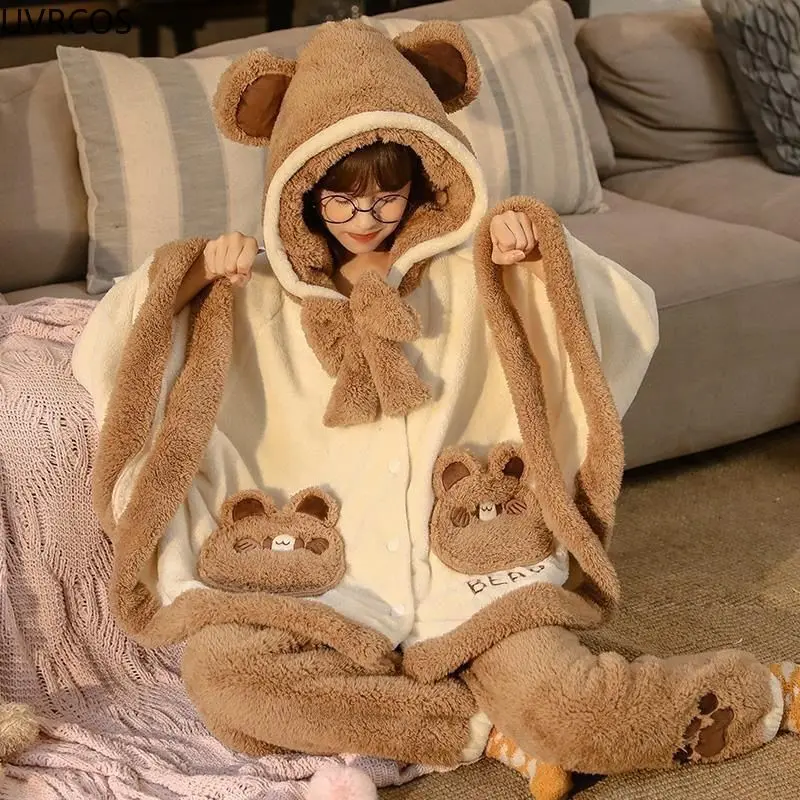 Japan Cute Lolita Pajamas Sets Girls Sweet Bear Ear Hooded Coral Fleece Cloak Sleepwear Women Winter Kawaii Home Clothes Pyjamas
Japan Cute Lolita Pajamas Sets Girls Sweet Bear Ear Hooded Coral Fleece Cloak Sleepwear Women Winter Kawaii Home Clothes Pyjamas