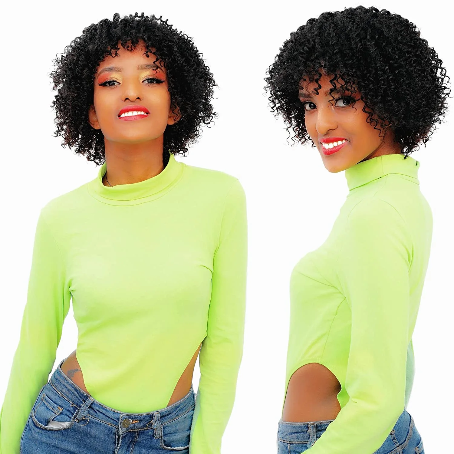 

Short Curly Human Hair Wigs for Black Women Short Kinky Curly Wig with Bang Black Mix Medium Brown Highlights Cheap Machine Wig