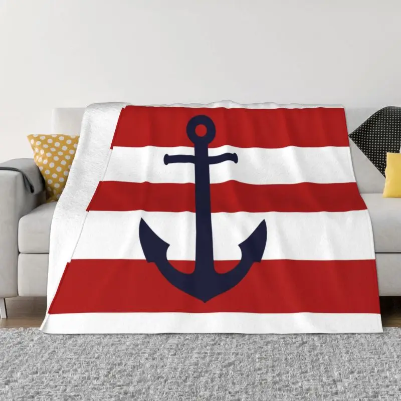 

Nautical Navy Blue Anchor On Red Stripes Blankets Warm Flannel Sailing Sailor Throw Blanket for Bedroom Office Bedspreads