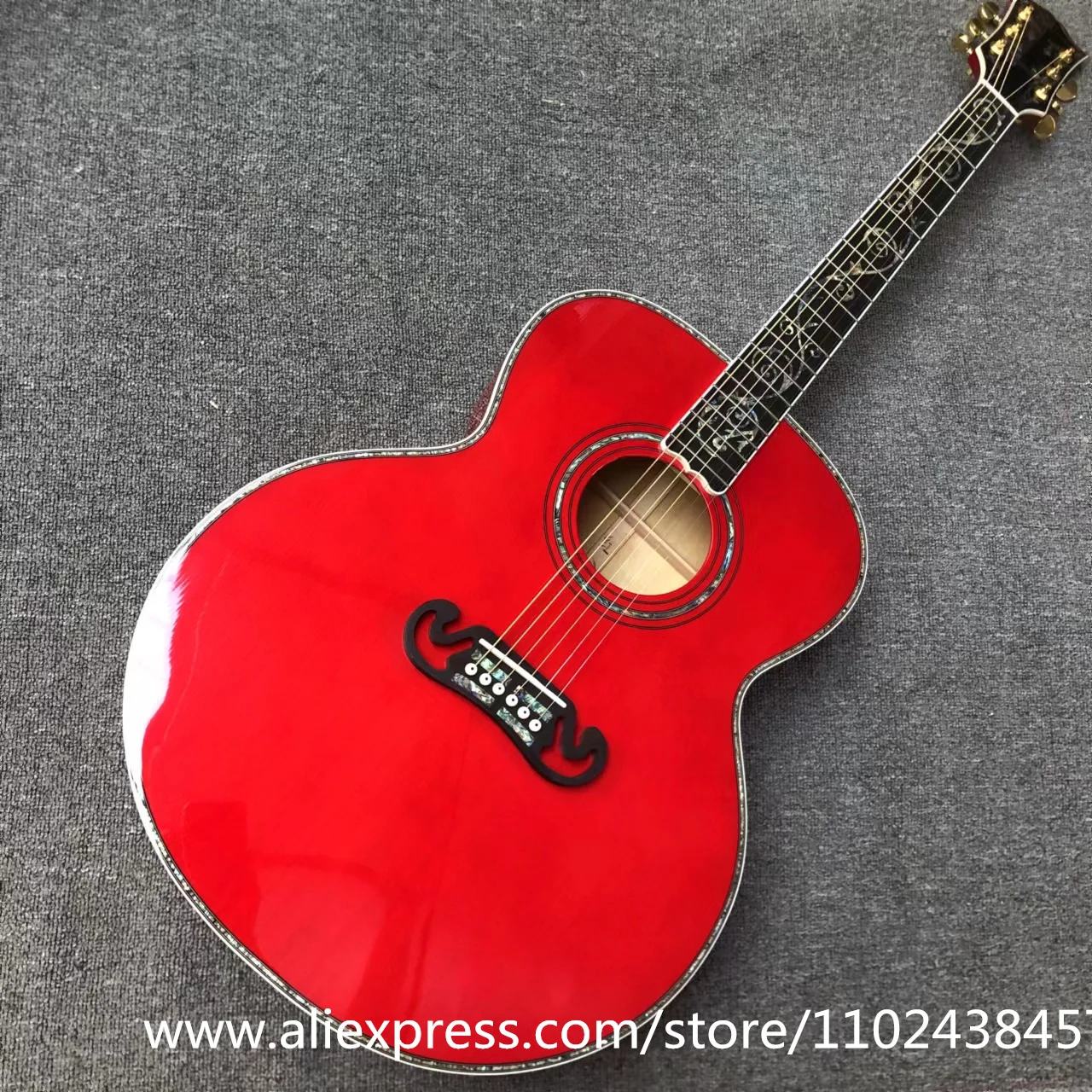 

Solid spruce top, ebony fingerboard, real abalone shell binding and inlay, high-quality Jumbo all-red J200 acoustic guitar