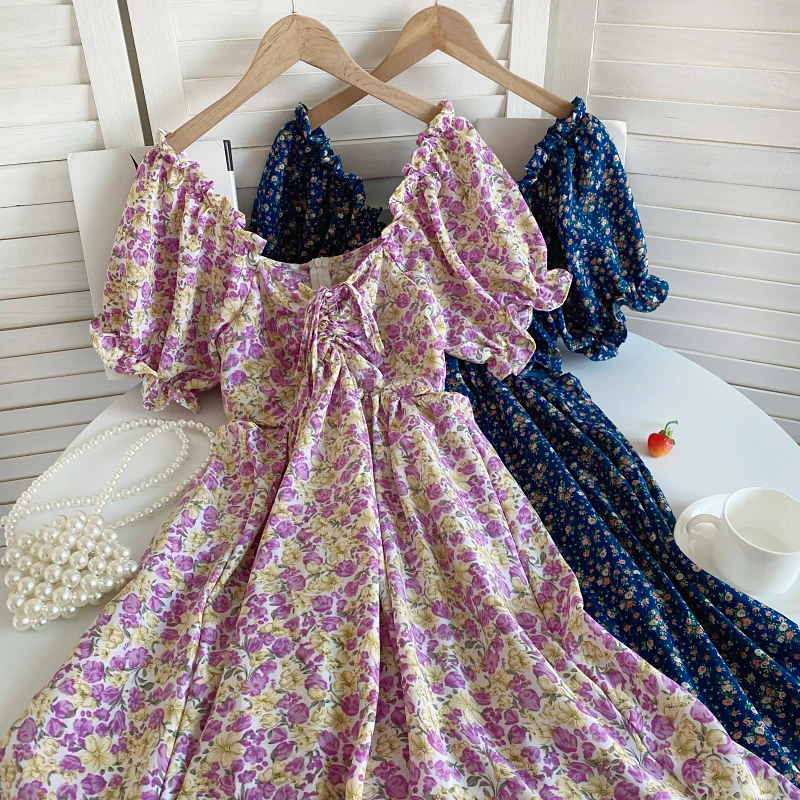 Женское винтажное платье на завязках, элегантное милое платье с открытыми плечами, цветочным принтом и буффами на рукавах, лето 2023