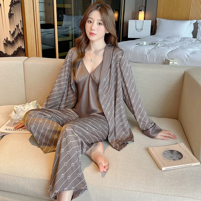 

3 Pieces Pajamas Robe Set Sexy Women Silky Satin Sleepwear Kimono Bathrobe Gown Pants Suit Spring Summer Nightgown Homewear