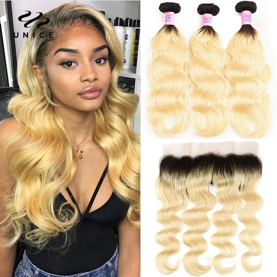 

Unice Hair Brazilian Human Hair 2 Tone Dark Roots Ombre Blonde Hair 3 Bundles With Lace Closure 1B/613 Body Wave Color Hair Weft