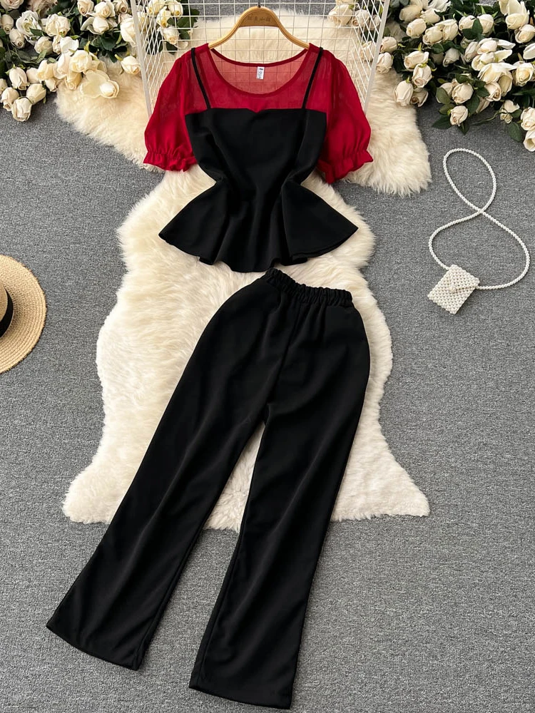 Summer Casual Women Black Two Piece Set Elegant O-Neck Short Puff Sleeve Patchwork Tops + High Waist Pants Famle 2Pcs Suit New
Summer Casual Women Black Two Piece Set Elegant O-Neck Short Puff Sleeve Patchwork Tops + High Waist Pants Famle 2Pcs Suit New