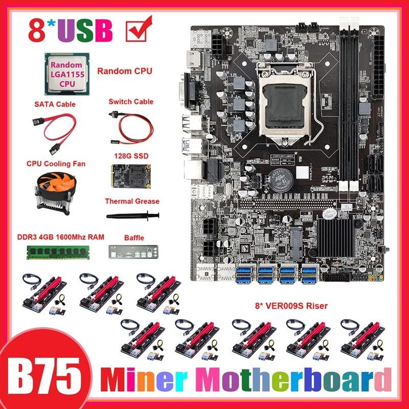 B75 8USB ETH Miner Motherboard+CPU+8XVER009S Riser Card+DDR3 4GB RAM+128G SSD+Fan+SATA Cable+Switch Cable+Thermal Grease
B75 8USB ETH Miner Motherboard+CPU+8XVER009S Riser Card+DDR3 4GB RAM+128G SSD+Fan+SATA Cable+Switch Cable+Thermal Grease