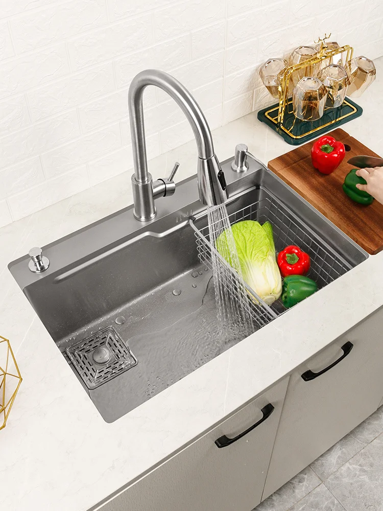 

Stainless Steel Kitchen Sink Washbasin Handmade Single Bowl Undermount Brushed Farmhouse Faucet Accessories Drainer Washing