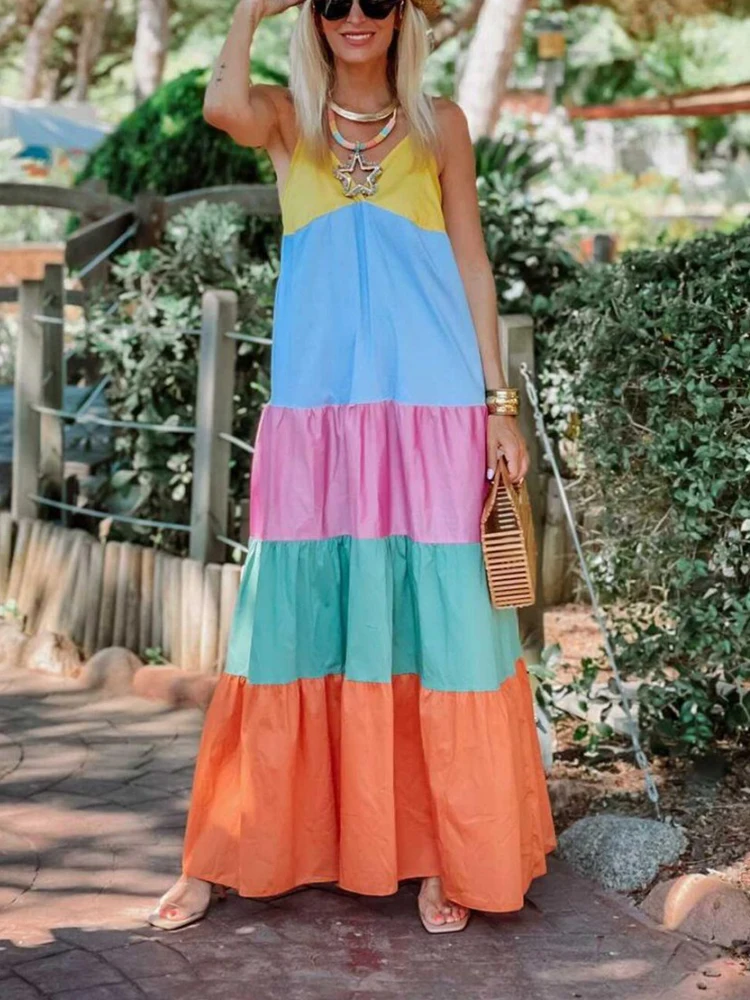 Femme Retro Stripe Print Patchwork Casual Dress Summer Straps Sleeveless Sling Maxi Dress Elegant Women Loose Beach Long Dresses
Femme Retro Stripe Print Patchwork Casual Dress Summer Straps Sleeveless Sling Maxi Dress Elegant Women Loose Beach Long Dresses