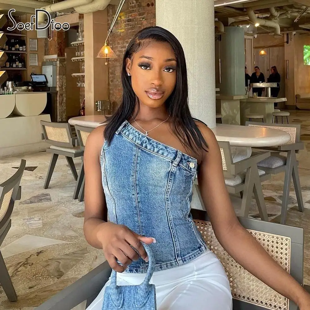 Soefdioo Fashion One Shoulder Sleeveless Denim Tops Women Sexy Side Zipper Up Slim Vest Summer 2023 Y2K Top All-Match Streetwear
Soefdioo Fashion One Shoulder Sleeveless Denim Tops Women Sexy Side Zipper Up Slim Vest Summer 2023 Y2K Top All-Match Streetwear