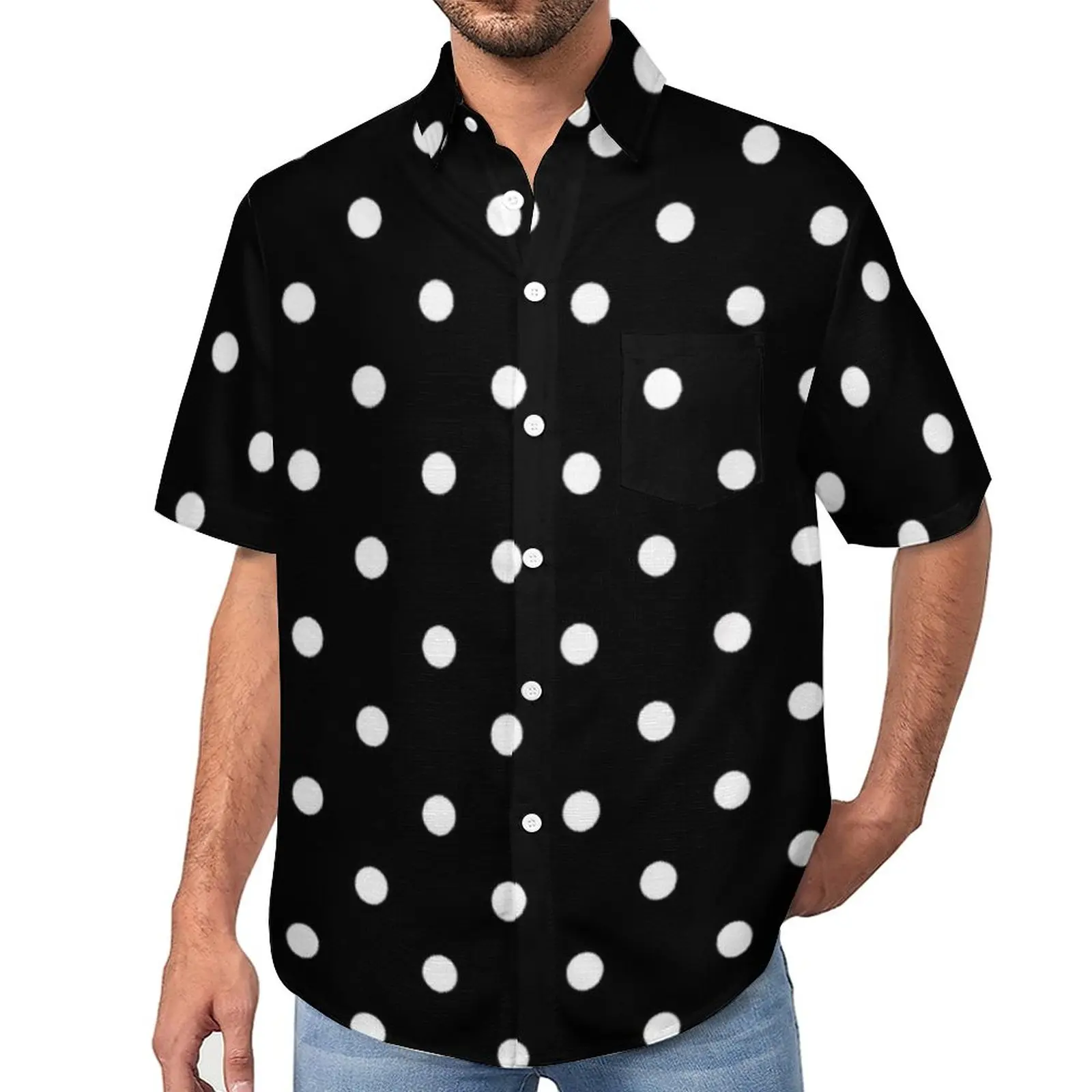 

Vintage 80S Black White Vacation Shirt Classic Polka Dots Hawaiian Casual Shirts Man Stylish Blouses Short-Sleeve Tops Plus Size