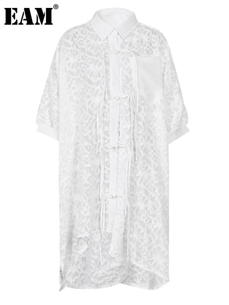 

[EAM] женское белое винтажное длинное платье с пряжкой, большой размер, новинка, с отворотом, с рукавом до локтя, свободное, модное, весна-осень ...