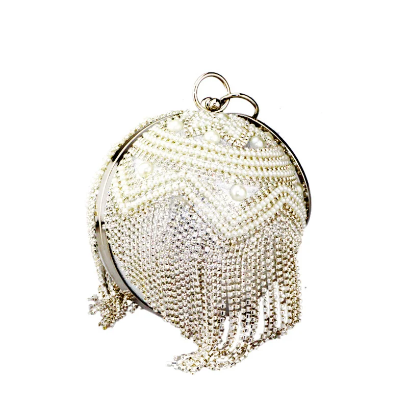 

Новые женские роскошные дизайнерские сумки с бриллиантами и кисточками, кошелек с жемчужинами и кристаллами, Свадебная вечерняя сумка через плечо с круглым балом