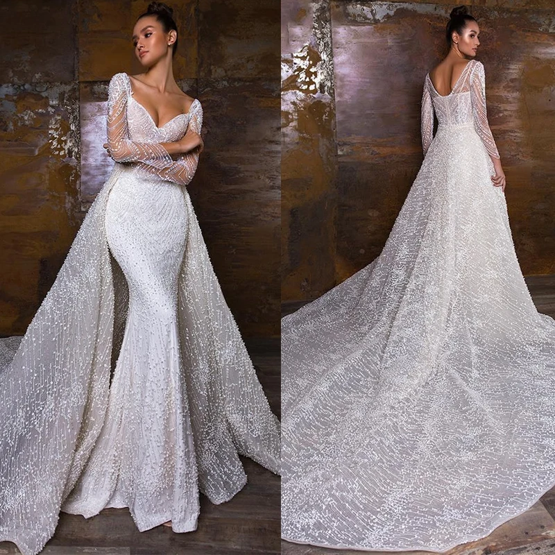 Elegant Wedding Mermaid Dress With Detachable Train Lace Sweetheart Neckline Full Sleeves Long Plus Sizes Bride Gown
Elegant Wedding Mermaid Dress With Detachable Train Lace Sweetheart Neckline Full Sleeves Long Plus Sizes Bride Gown