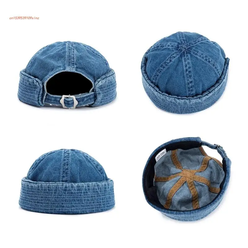 

Docker Hat Jeans Rolled-Cuff Harbour Hat Embroidery Brimless Skullcap Hat Adjustable Hip-Hop Sailor Hat for Outdoor