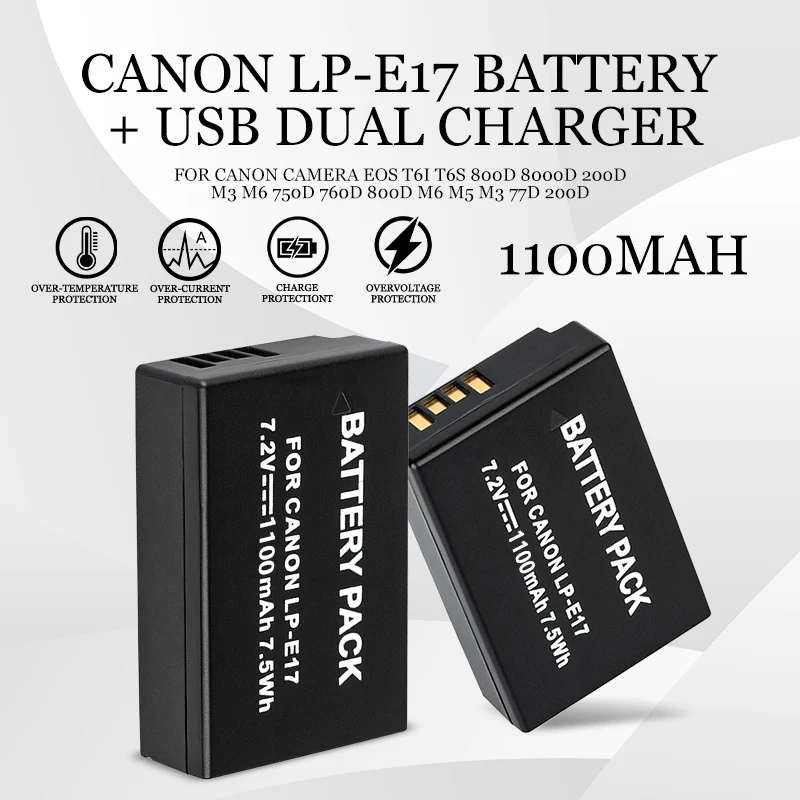 1100mAh Canon LP E17 LPE17 LP-E17 Battery + USB Dual Charger For Canon Camera EOS T6i T6s 800D 8000D 200D M3 M6 750D 760D M5 77D
1100mAh Canon LP E17 LPE17 LP-E17 Battery + USB Dual Charger For Canon Camera EOS T6i T6s 800D 8000D 200D M3 M6 750D 760D M5 77D