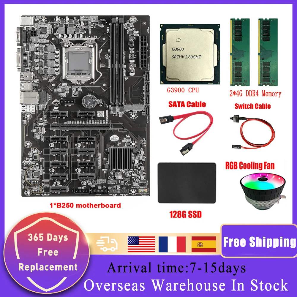B250 Mining Motherboard+G3930 CPU+RGB Fan+DDR4 4/8GB RAM+128G SSD+Switch Cable+SATA Cable 12*PCIE To USB3.0 GPU Card Slot 
B250 Mining Motherboard+G3930 CPU+RGB Fan+DDR4 4/8GB RAM+128G SSD+Switch Cable+SATA Cable 12*PCIE To USB3.0 GPU Card Slot