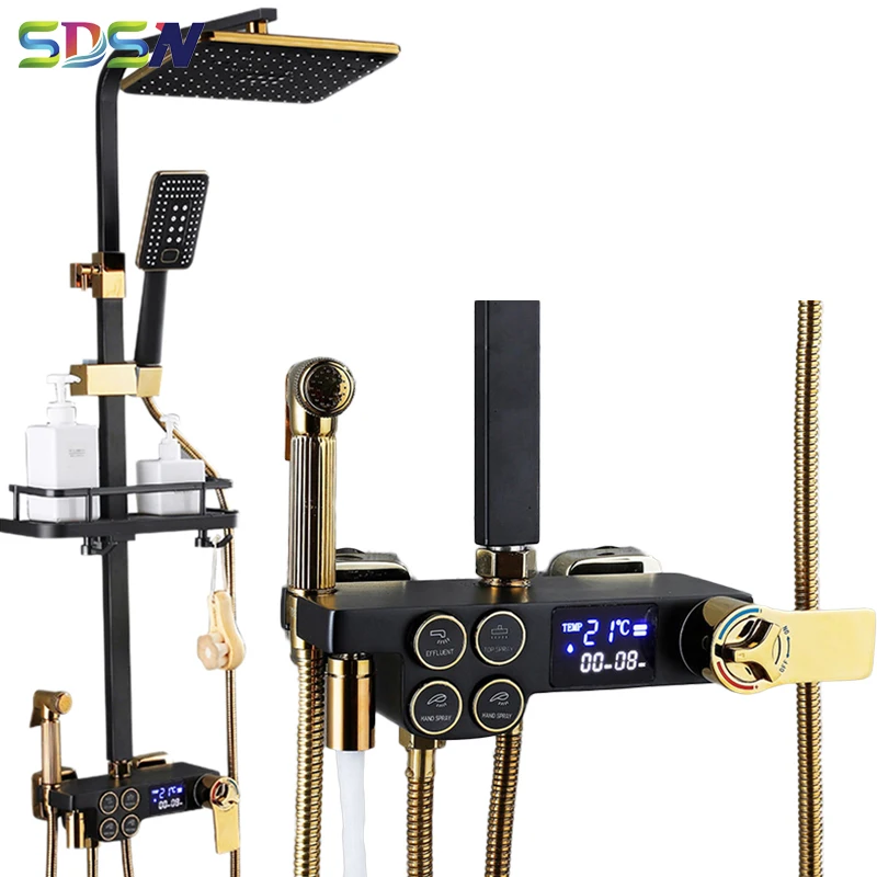 Digital Bathroom Shower Set Black Gold Thermostatic Bath Shower System Faucet Rainfall Shower Head Digital Bath Shower Mixer Set
Digital Bathroom Shower Set Black Gold Thermostatic Bath Shower System Faucet Rainfall Shower Head Digital Bath Shower Mixer Set