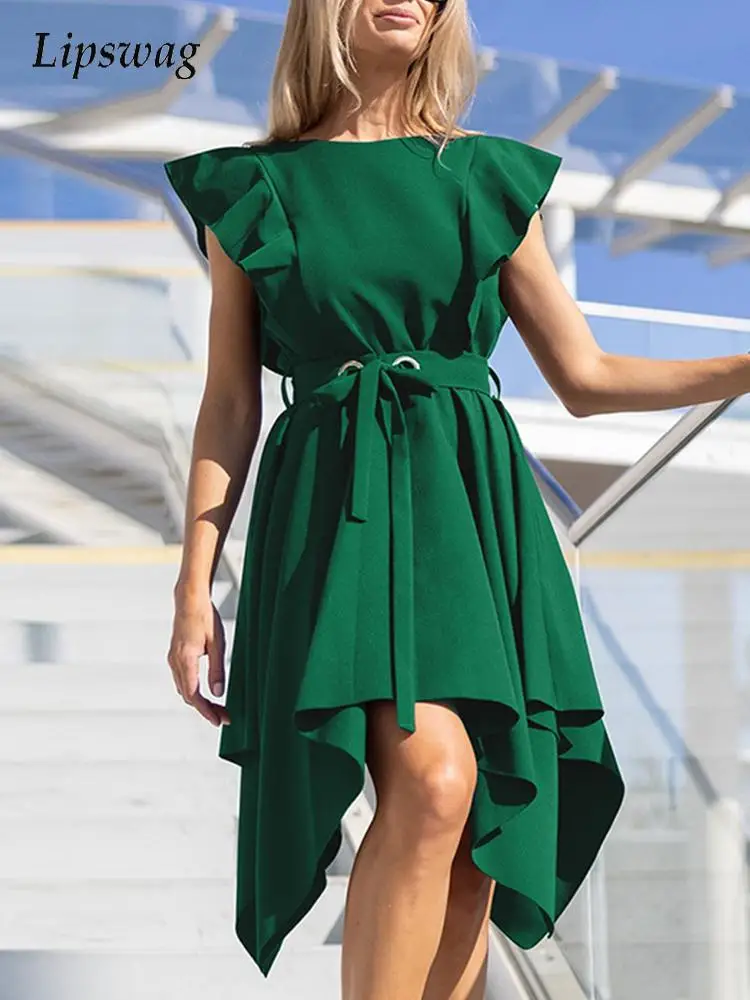 Women Solid Ruffle Elegant Dresses Summer Sleeveless O-Neck Midi Party Dress Office Lady Fashion Irregular Lace-up Dress Vestido
Women Solid Ruffle Elegant Dresses Summer Sleeveless O-Neck Midi Party Dress Office Lady Fashion Irregular Lace-up Dress Vestido