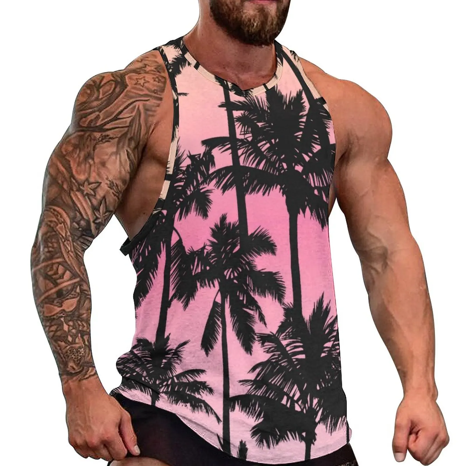 

Sunset Beach Print Summer Tank Top Palm Tree Workout Tops Mens Custom Cool Sleeveless Vests Plus Size 4XL 5XL