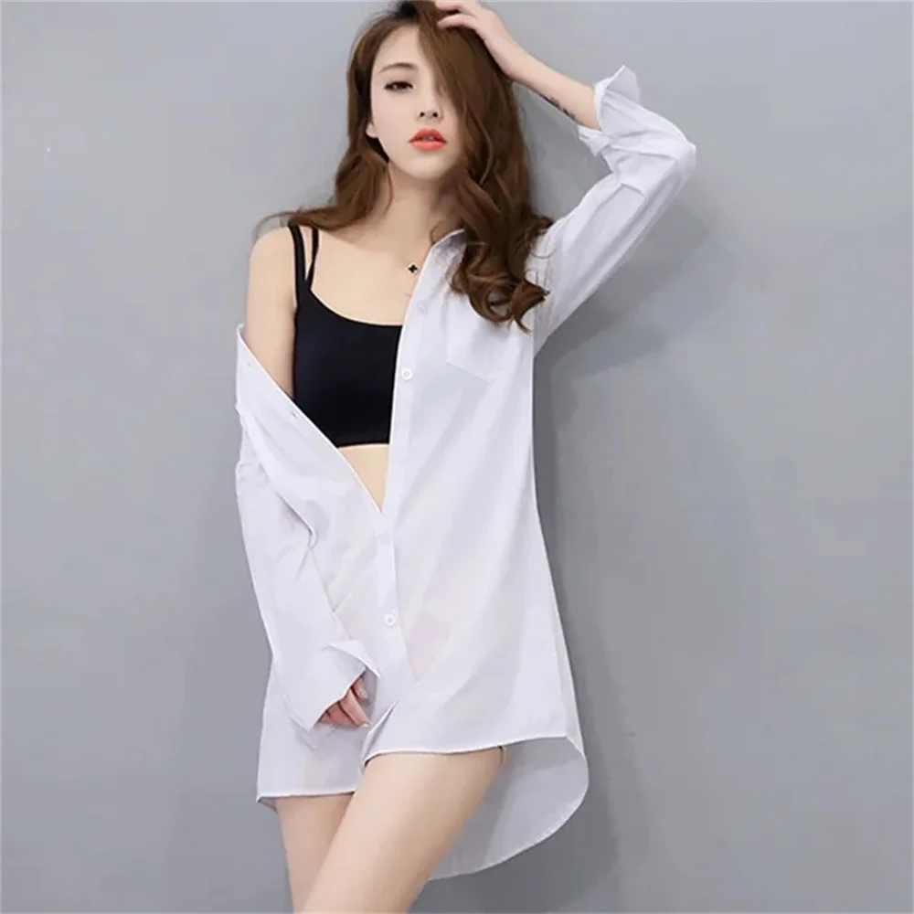 Spring Summer Women's Shirts Long Sleeved Mid-Length Women's Loose Korean Fashion Student White Blouse sexy Pajamas Clothes
Spring Summer Women's Shirts Long Sleeved Mid-Length Women's Loose Korean Fashion Student White Blouse sexy Pajamas Clothes