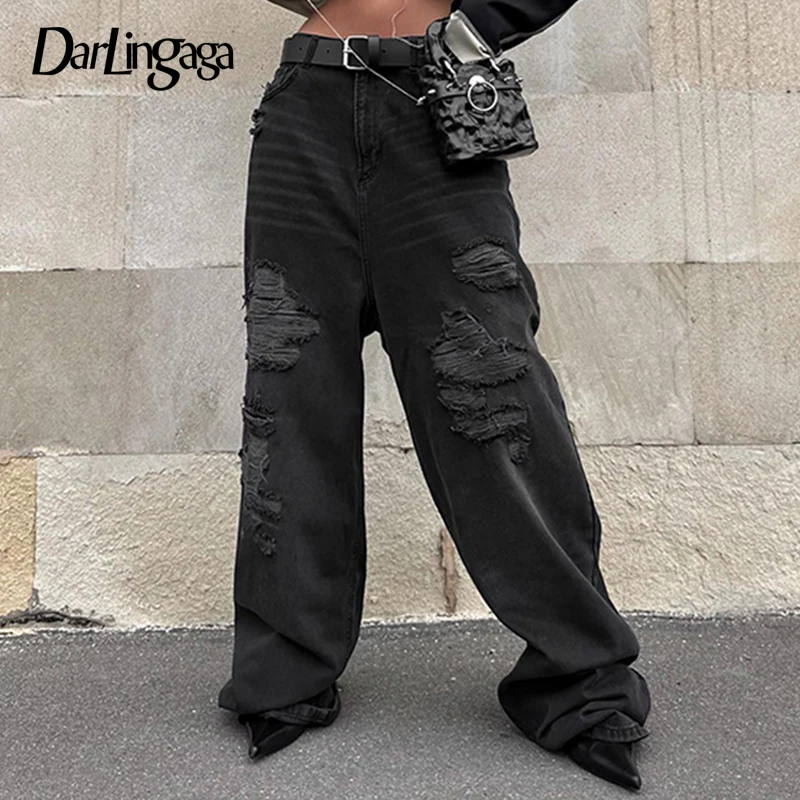 

Darlingaga Grunge Vintage Ripped Low Rise Jeans Denim Gothic Streetwear Hole Baggy Pants Distressed Wide Leg Trousers Harajuku