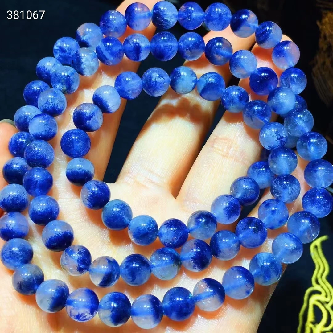 

Natural Blue Dumortierite Quartz Rutilated Crystal 3 Laps Bracelet 7.2mm Women Men Gemstone Round Beads Rare Reiki Stone AAAAA