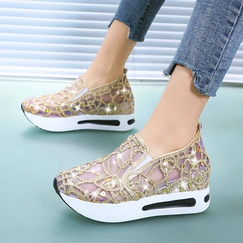Female Wedge Shoes Sequin Mesh Breathable Shoes Women Gold Silver Platform Sneakers Women Height Increasing Wedges Shoes Casual
Female Wedge Shoes Sequin Mesh Breathable Shoes Women Gold Silver Platform Sneakers Women Height Increasing Wedges Shoes Casual