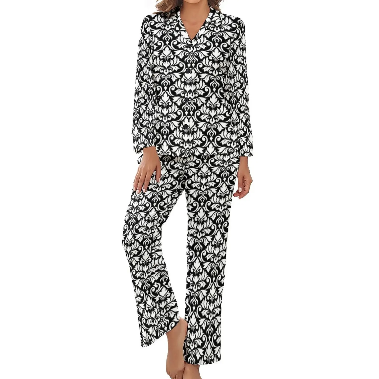 

Retro Baroque Print Pajamas Women Flourish Damask Warm Nightwear Autumn Long Sleeve 2 Piece Aesthetic V Neck Pattern Pajama Sets