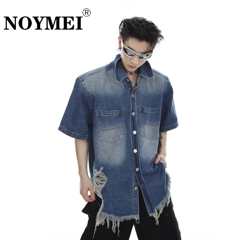 

NOYMEI Coat Denim Single Breasted Summer Niche Hole Design Shoulder Pad Washed Tassels Fashion Korean Loose Men's Jacket WA1489
