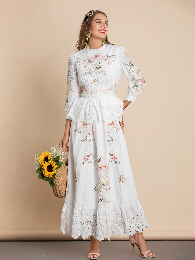 

Vestido blanco elegante de verano para mujer, vestido largo con bordado de flores y manga farol, para fiesta, 2022