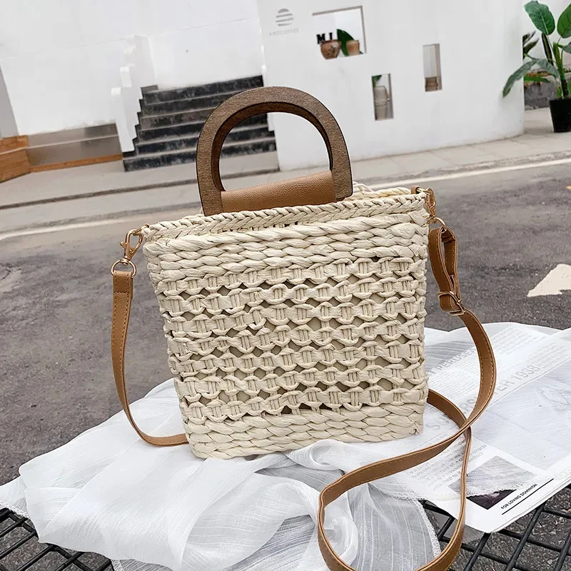 

Retro Top Handle Design Crossbody Bag for Women Branded Simple Summer Straw Woven Handba Female Hollow Basket Shoulder Ba