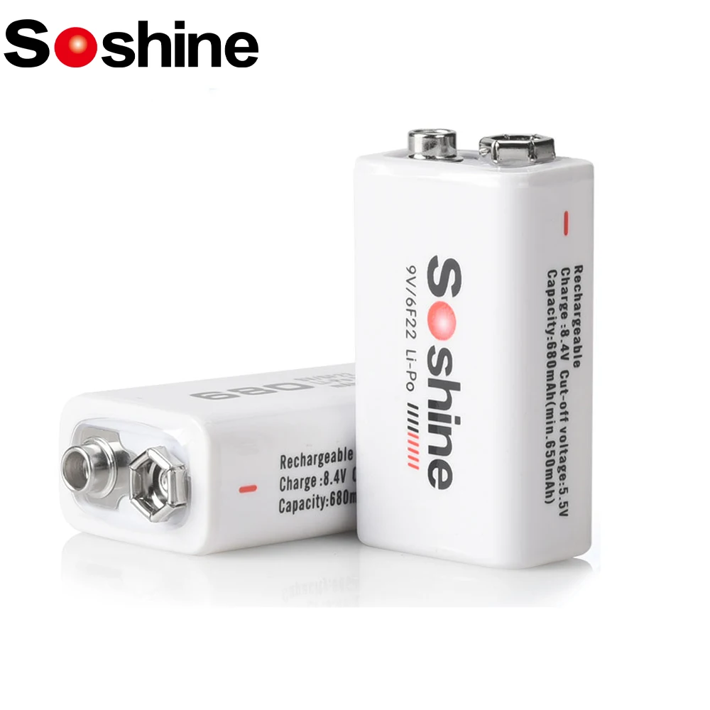 

Soshine 6F22 9V Li-Po Rechargeable Battery 9 Volt 680mAh 6F22 Lithium Batteries 1000 Cycle Times for Smoke Microphone Wireless