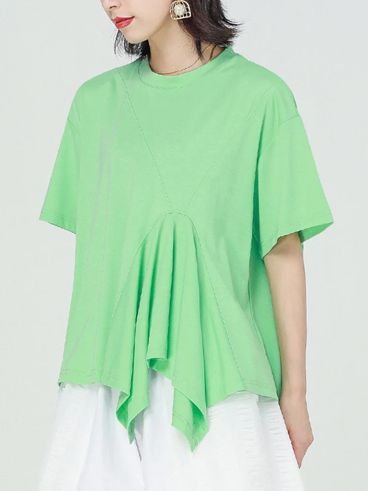Women Green Pleated Irregular Big Size Casual T-shirt New Round Neck Short Sleeve Fashion Tide Spring Summer 2022 M438
Women Green Pleated Irregular Big Size Casual T-shirt New Round Neck Short Sleeve Fashion Tide Spring Summer 2022 M438
