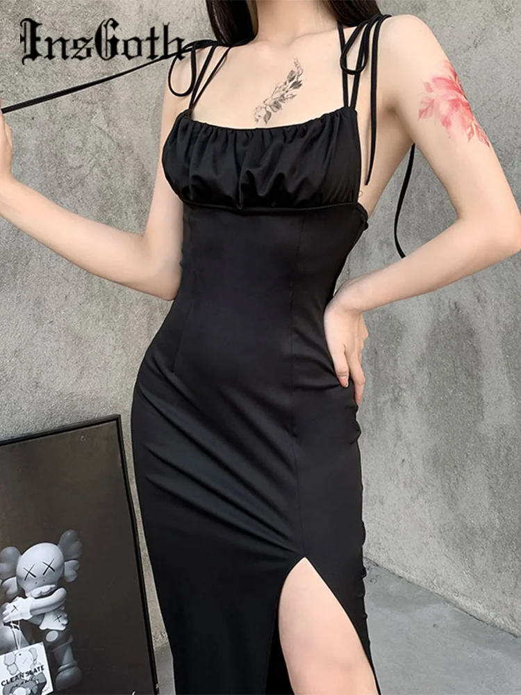 

InstaHot Spaghetti Strap Sexy Black Dress Goth Bodycon High Waist Slit Dress Women High Street Backless Party Club Wear Dresses