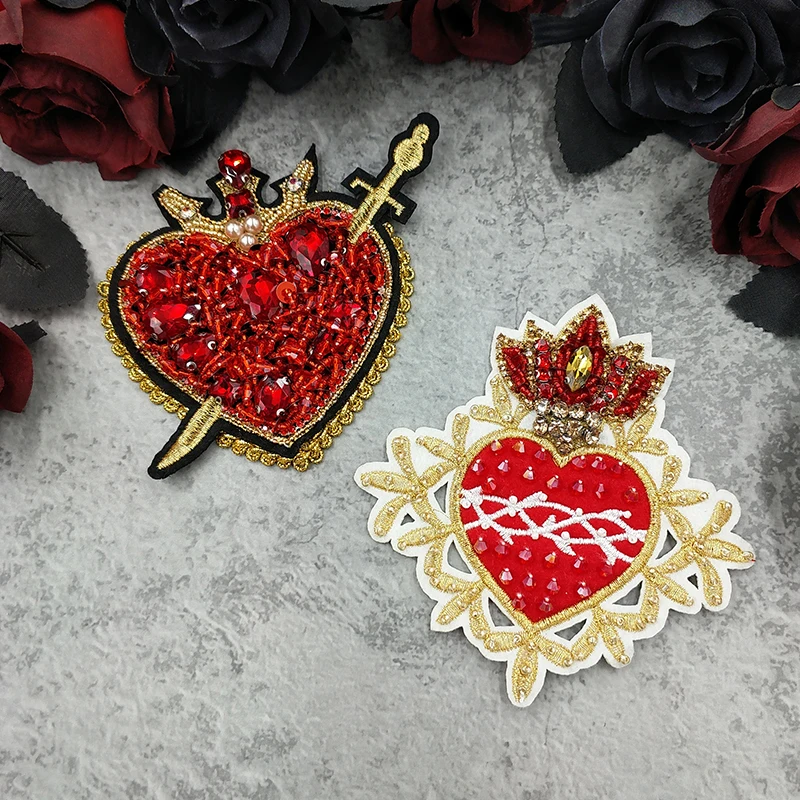 

Embroidery Handmade Bead Patches Red Crown Sword Heart Sequin Rhinestones Badge Sew on Clothes Applique DIY Wedding Bag Shoes