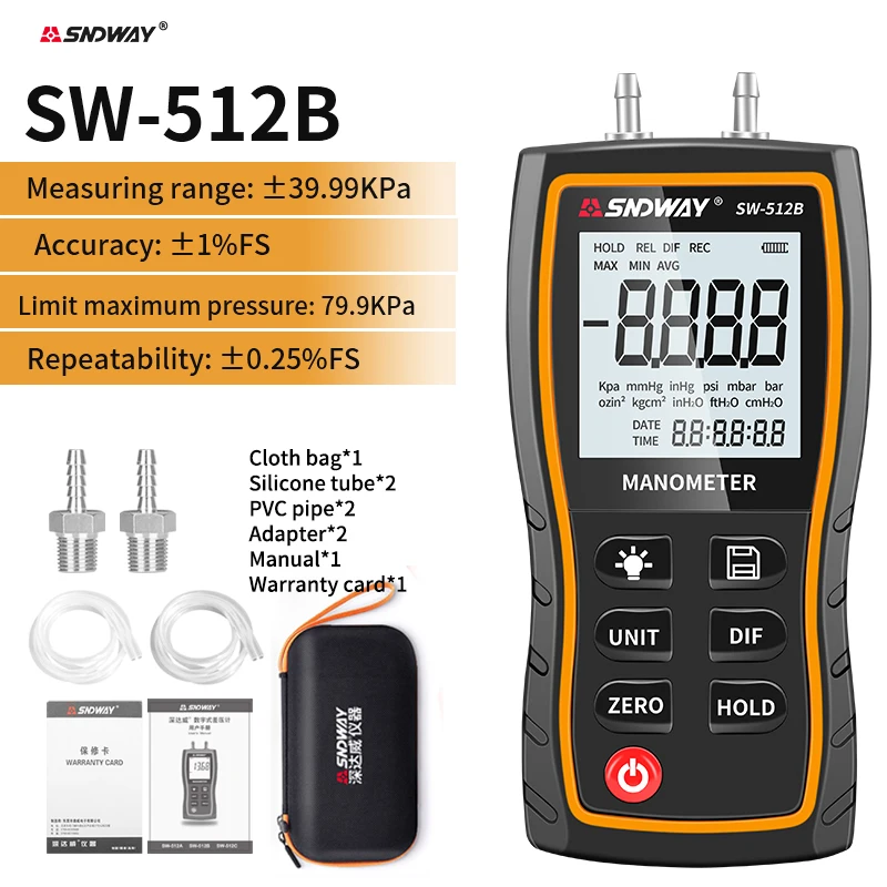 

SNDWAY SW-512 Series Digital Manometer Air Pressure Gauge ±103.42 KPa 0.01 Resolution air pressure Differential Gauge Kit Tools