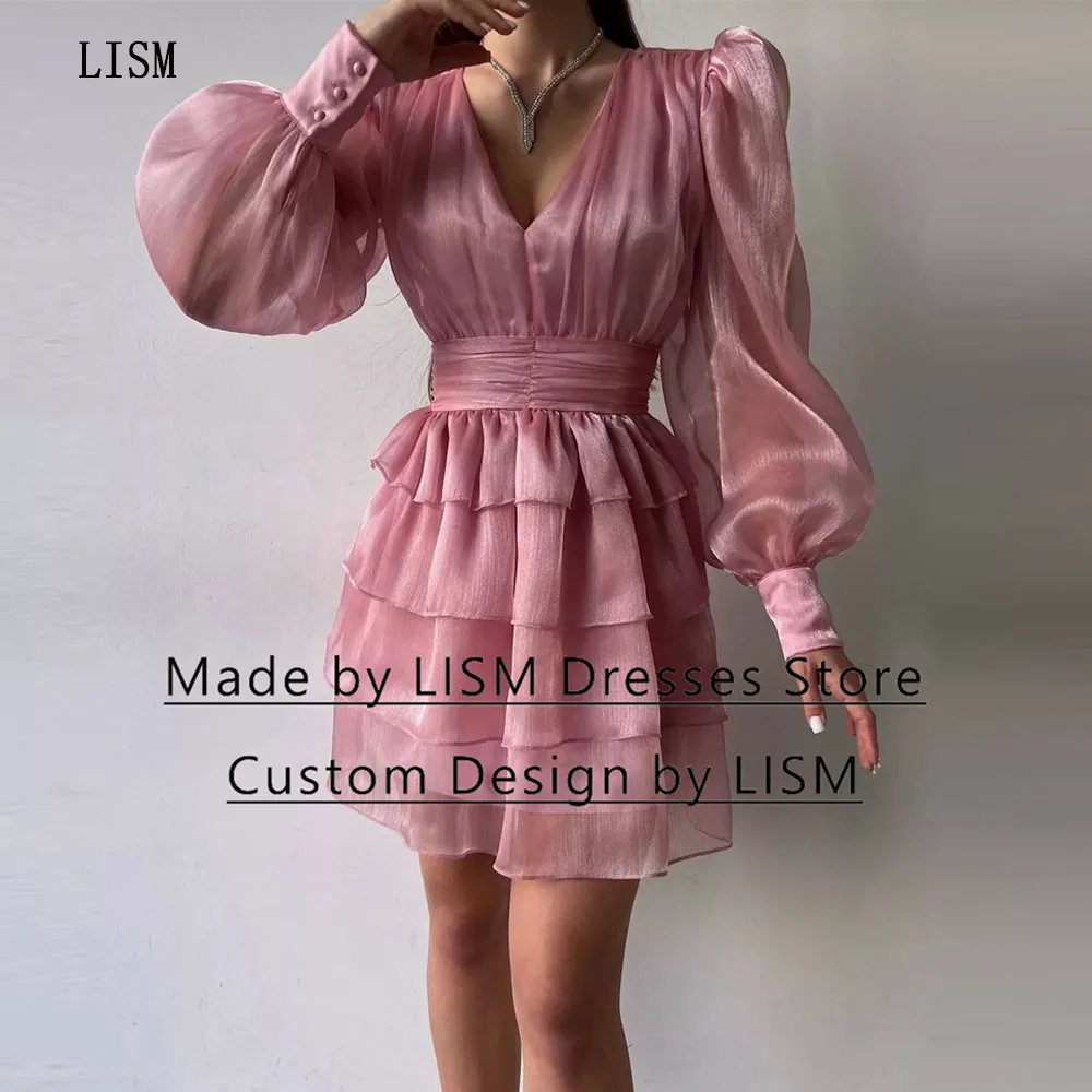 LISM Pink V-neck A-line Short Party Dresses With Long Puff Sleeves Tiered Knee Length Buttons Dreamy Party Evening Gowns Simple
LISM Pink V-neck A-line Short Party Dresses With Long Puff Sleeves Tiered Knee Length Buttons Dreamy Party Evening Gowns Simple