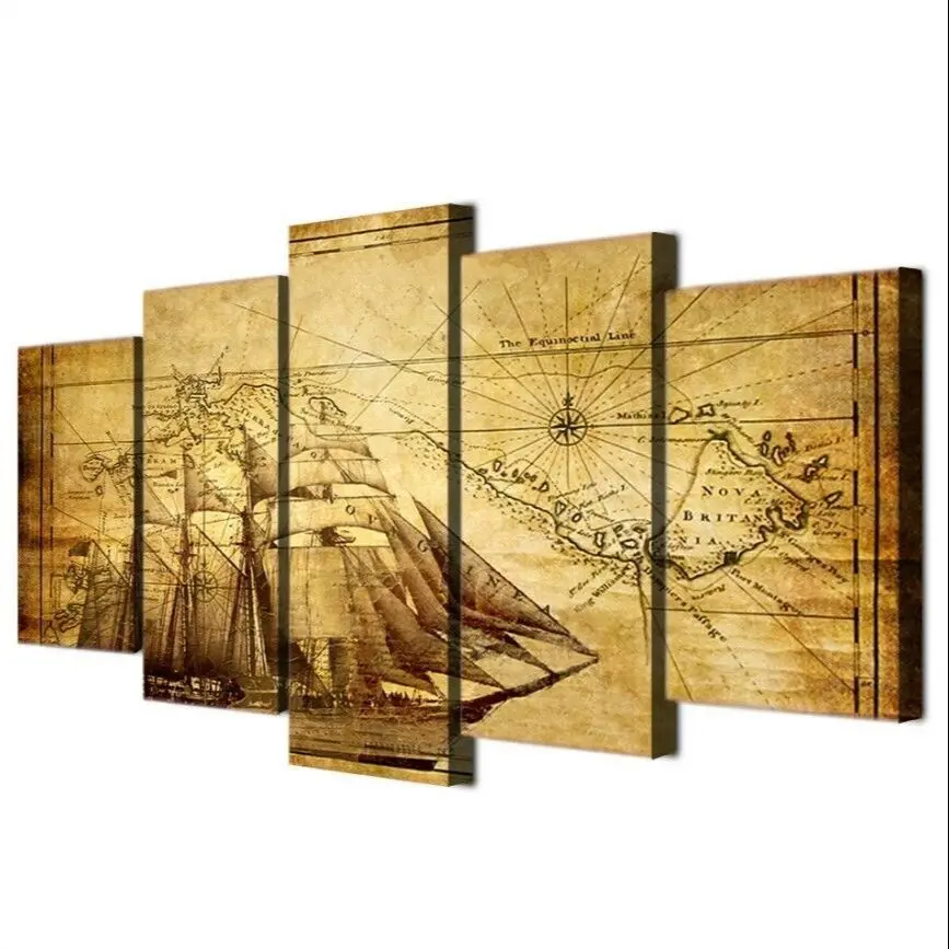 

5 Pieces Vintage Abstract Pirate Map Modular Wall Print Art Canvas Posters Painting for Living Room Bedroom Home Decor Pictures