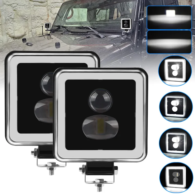 

2pcs 4 inch Square LED Work Light White Blue Angel Eyes DRL Spotlight Fog Light For Offroad 4x4 Car ATV Trailer Tractor UTV SUV