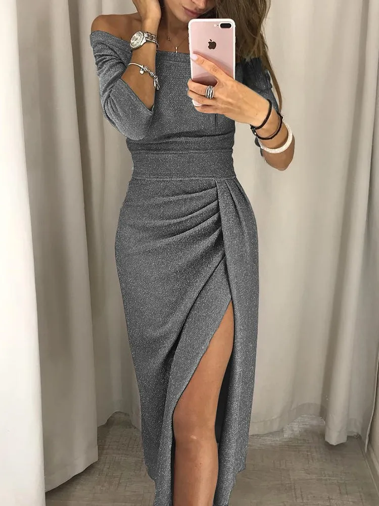 2022 Spring Summer Club Sexy One Word Collar Highlights Split Pleated Long Sleeve Long Skirt Prom Dresses Elegant Robe Women
2022 Spring Summer Club Sexy One Word Collar Highlights Split Pleated Long Sleeve Long Skirt Prom Dresses Elegant Robe Women