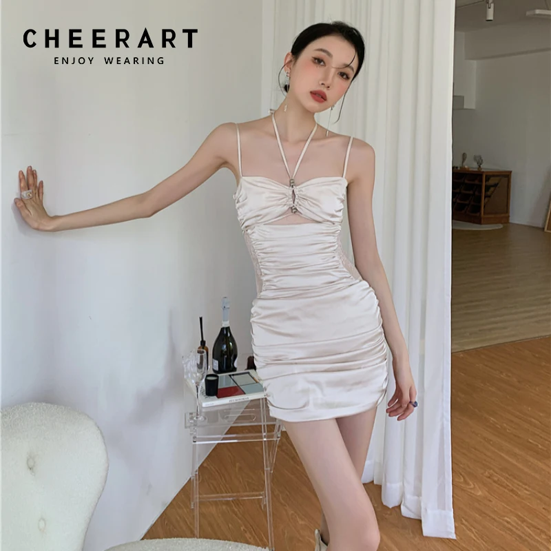 

CHEERART 2022 Fashion Women Sexy Bacless Ruched Bodycon Mini Dress Beige Halter Neck Y2k Corset Dress Sexy Club Outfits Clothing