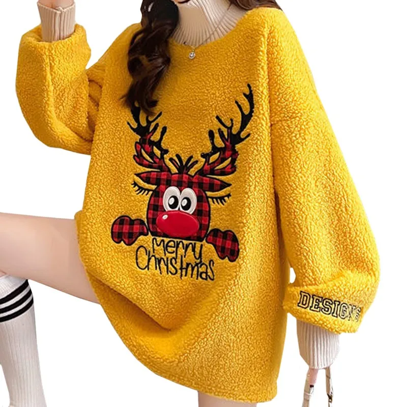 Пальто женское трикотажное с воротником, Теплый Женский пуловер в стиле Харадзюку с вышивкой, Милая зимняя флисовая толстовка с оленем и оленем для девушек 
Пальто женское трикотажное с воротником, Теплый Женский пуловер в стиле Харадзюку с вышивкой, Милая зимняя флисовая толстовка с оленем и оленем для девушек