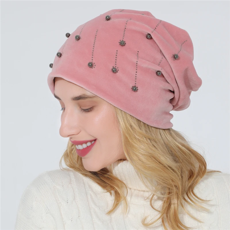 

Winter Warm Hats Woman Beaines Cap Solid Casual Lady Slouchy Pearl Cap Crochet Ski Beanie Hat Female Soft Baggy Skullies Beanies