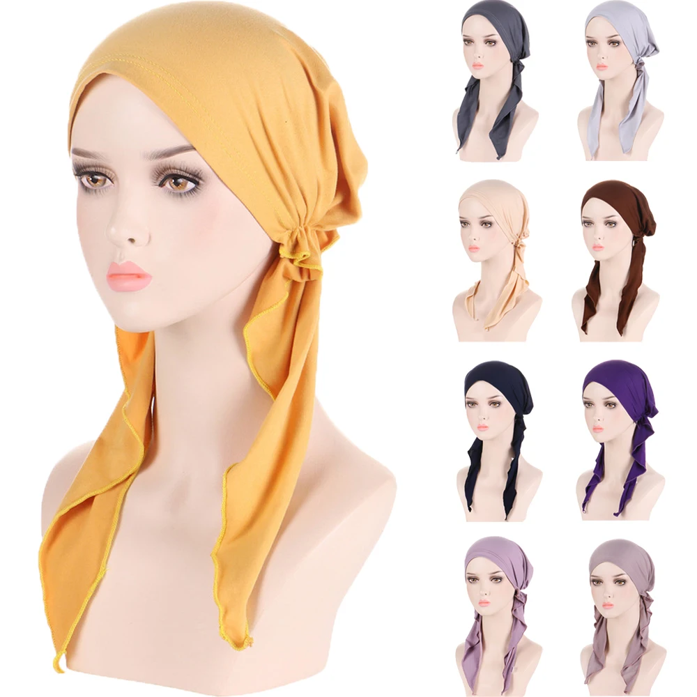 Fashion Women Turban Solid Color Pre-tie Headwear Chemo Cap Muslim Hijab Soft Turban Hat Headscarf Wrap Cancer Hair Accessories 
Fashion Women Turban Solid Color Pre-tie Headwear Chemo Cap Muslim Hijab Soft Turban Hat Headscarf Wrap Cancer Hair Accessories