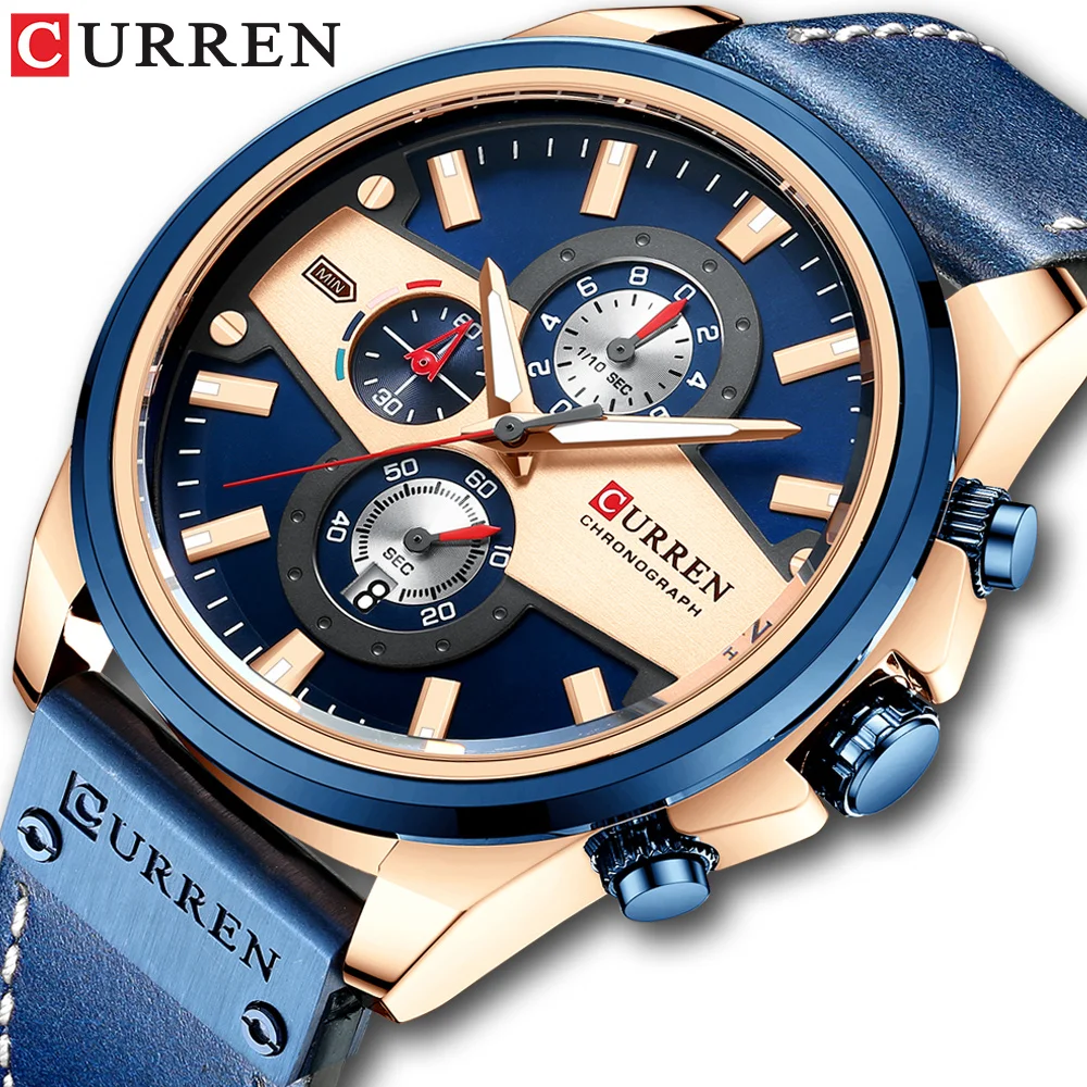 

CURREN Man Watches Fashion Casual Quartz Sporty Wristwatches Blue Clock Male Chronograph Leather Watch