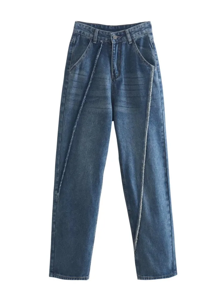 

2022 Za Woman Casual Traf Trousers Spring High Waist Stitch Detail Ankle Length Straight Pants Washed Blue Mom Jeans