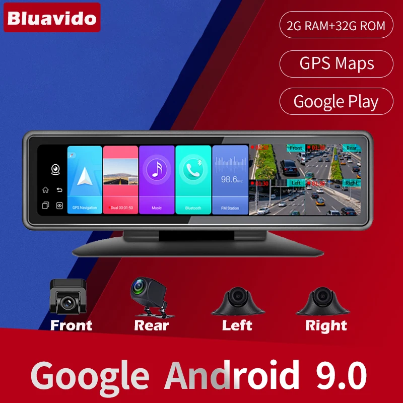 

Bluavido 4 Cameras 4G Android 9.0 Car Dash Cam GPS Navigation HD 720P Video Recorder Dashboard DVR WiFi App Remote Monitoring